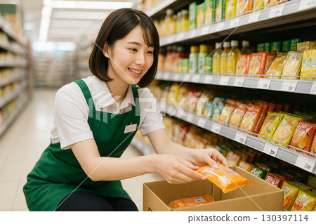 超市女員工正在整理商品 130397114