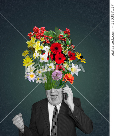 Good news. Surprised senior man in formalwear holding mobile phone and standing against black studio background. Artwork of man with flowers instead head Good news. Surprised senior man in formalwear holding mobile phone and standing against black studio background. Artwork of man with flowers instead head 130397117
