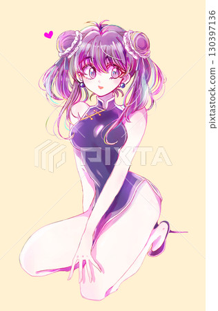 A woman in Chinese clothing with a bun and twin tails 130397136