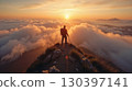 A lone hiker with a backpack stands on a mountain peak at sunrise, looking out over a sea of clouds. 130397141