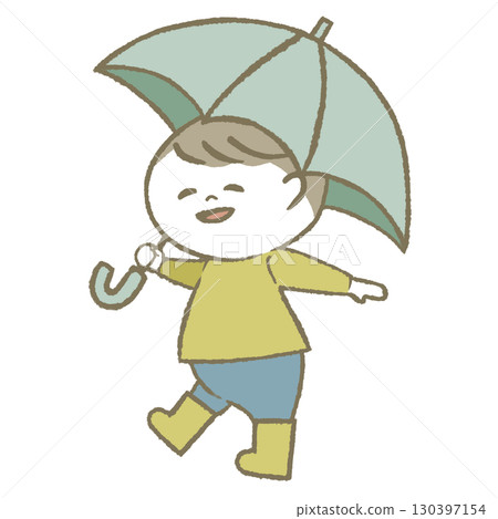 Boy holding an umbrella and wearing rain boots 130397154