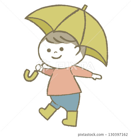 男孩拿著傘,穿著雨靴 男孩拿著傘,穿著雨靴 130397162