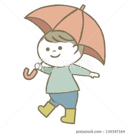 男孩拿著傘,穿著雨靴 男孩拿著傘,穿著雨靴 130397164