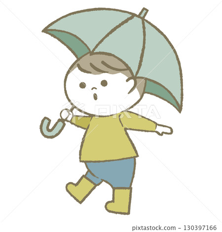 Boy holding an umbrella and wearing rain boots 130397166