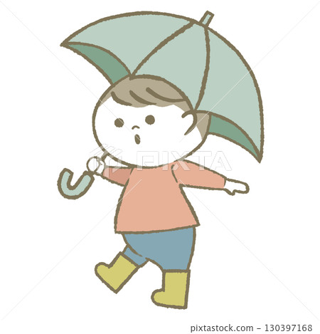 男孩拿著傘,穿著雨靴 男孩拿著傘,穿著雨靴 130397168