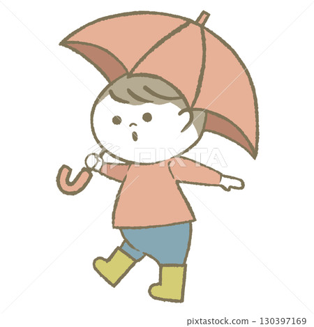 男孩拿著傘,穿著雨靴 男孩拿著傘,穿著雨靴 130397169