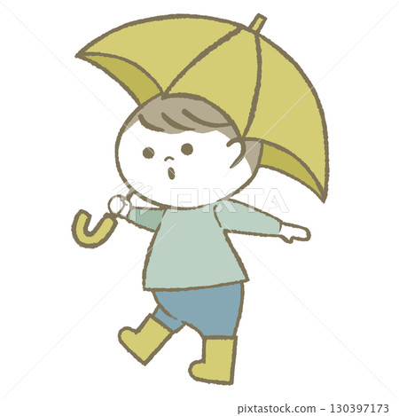 Boy holding an umbrella and wearing rain boots 130397173