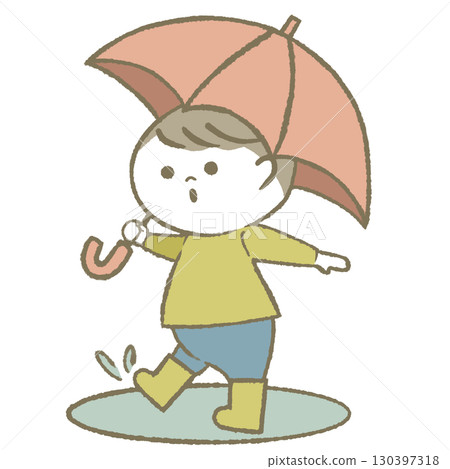 男孩拿著傘,穿著雨靴 男孩拿著傘,穿著雨靴 130397318
