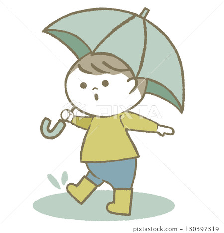 男孩拿著傘,穿著雨靴 男孩拿著傘,穿著雨靴 130397319