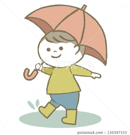 男孩拿著傘,穿著雨靴 男孩拿著傘,穿著雨靴 130397333