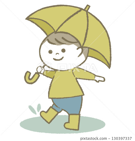 男孩拿著傘,穿著雨靴 男孩拿著傘,穿著雨靴 130397337