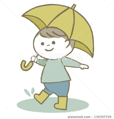 男孩拿著傘，穿著雨靴 130397339