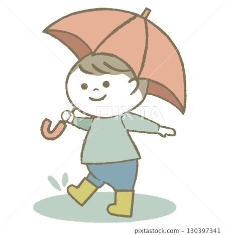 Boy holding an umbrella and wearing rain boots 130397341