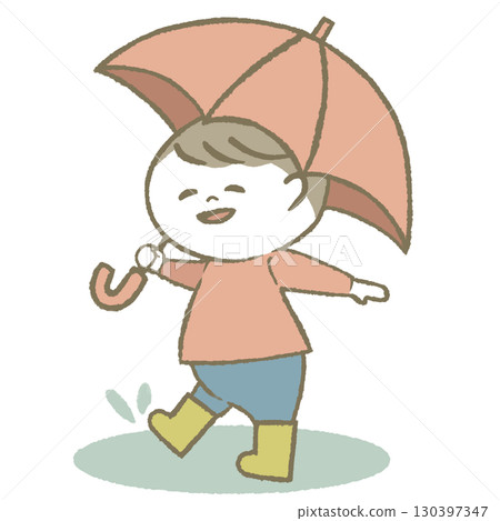 Boy holding an umbrella and wearing rain boots 130397347