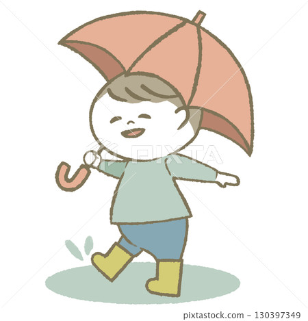 男孩拿著傘,穿著雨靴 男孩拿著傘,穿著雨靴 130397349