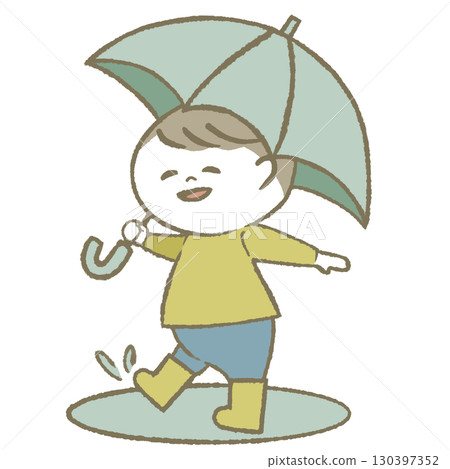 男孩拿著傘,穿著雨靴 男孩拿著傘,穿著雨靴 130397352