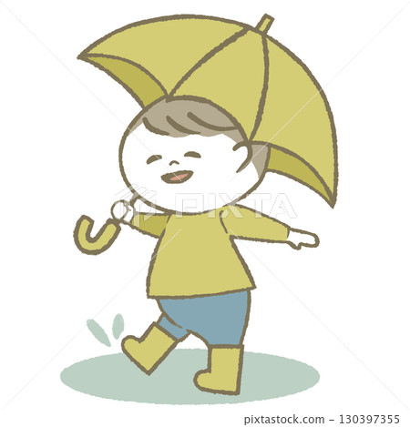 男孩拿著傘,穿著雨靴 男孩拿著傘,穿著雨靴 130397355
