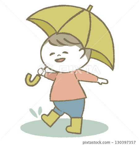 男孩拿著傘,穿著雨靴 男孩拿著傘,穿著雨靴 130397357