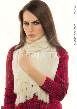 beautiful girl in shirt and scarf 130397378