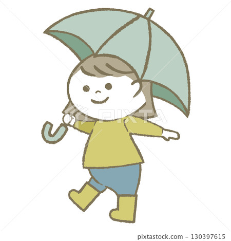 Child girl wearing rain boots holding an umbrella 130397615