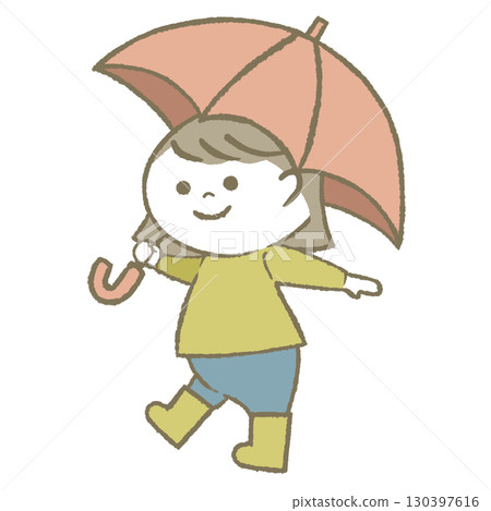 Child girl wearing rain boots holding an umbrella 130397616