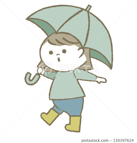 Child girl wearing rain boots holding an umbrella 130397624