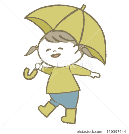 Child girl wearing rain boots holding an umbrella 130397644