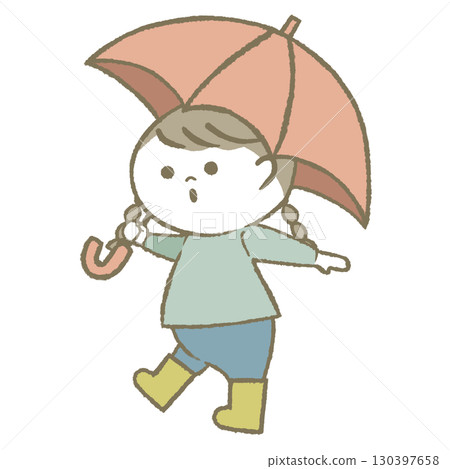 Child girl wearing rain boots holding an umbrella 130397658