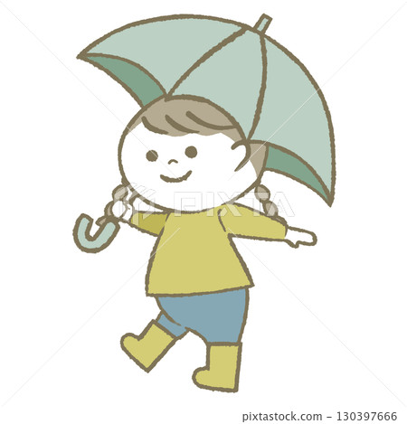Child girl wearing rain boots holding an umbrella 130397666