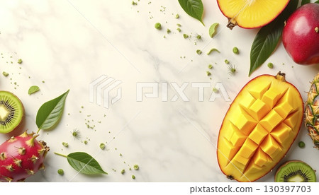 Flatlay Of Fresh Sliced Tropical Fruits On White Marble Flatlay Of Fresh Sliced Tropical Fruits On White Marble 130397703
