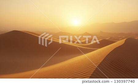 Golden Desert Sand Dunes With Dramatic Shadows And Horizon 130397740