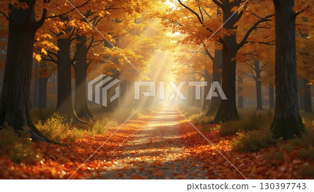 Golden Autumn Forest Path With Sunlight And... - Stock Illustration ...