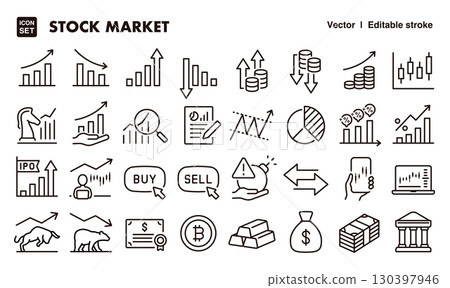 Stock investment and business icon illustration set. EPS version can be edited to change line thickness, etc. 130397946