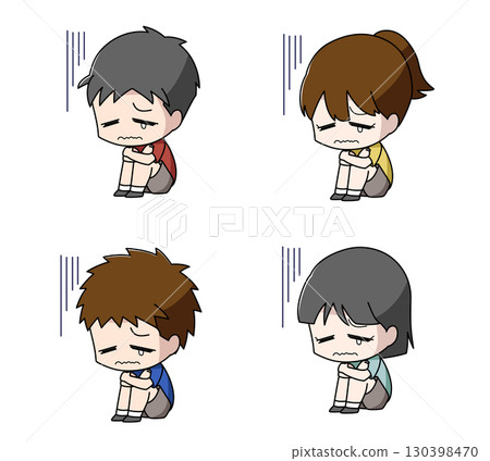 Set of 4 illustrations of depressed children sitting on the floor 130398470