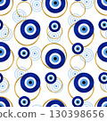 Seamless pattern of evil eyes with circles and lines on a white background. 130398656