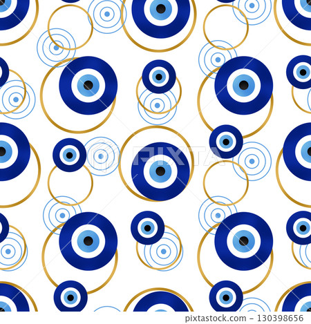 Seamless pattern of evil eyes with circles and lines on a white background. 130398656