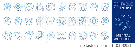 Mental wellness icons, such as health, psychology, mindfulness, emotional support and more. Vector illustration. Editable stroke. Mental wellness icons, such as health, psychology, mindfulness, emotional support and more. Vector illustration. Editable stroke. 130398931