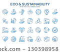 Eco and sustainability icons, such as green energy, recycling, environmental and more. Vector illustration isolated on white. Editable stroke. Change to any size and any color. 130398958