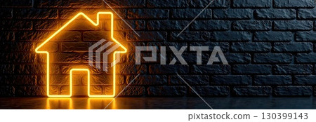 Transparent gold luminous symbol of house on black brick wall background with golden glitter. Real estate, realtor, mortgage, insurance, booking, construction, insulation, heating. AI generated 130399143