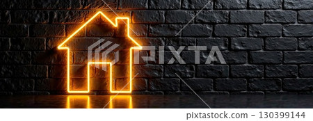 Transparent gold luminous symbol of house on black brick wall background with golden glitter. Real estate, realtor, mortgage, insurance, booking, construction, insulation, heating. AI generated 130399144