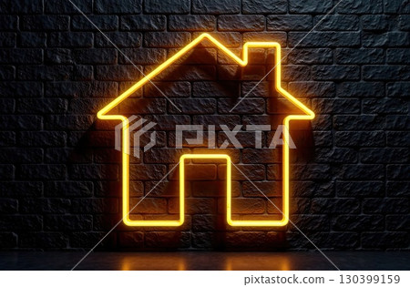 Transparent gold luminous symbol of house on black brick wall background with golden glitter. Real estate, realtor, mortgage, insurance, booking, construction, insulation, heating. AI generated 130399159