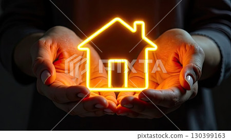 Gold luminous symbol of cozy house In palms of hands with golden glitter. Real estate, realtor, mortgage, insurance, booking, insulation, dream of your own home. AI generated 130399163