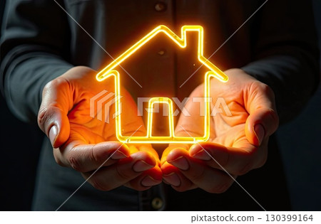 Gold luminous symbol of cozy house In palms of hands with golden glitter. Real estate, realtor, mortgage, insurance, booking, insulation, dream of your own home. AI generated Gold luminous symbol of cozy house In palms of hands with golden glitter. Real estate, realtor, mortgage, insurance, booking, insulation, dream of your own home. AI generated 130399164