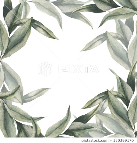 Eucalyptus floral elegant watercolor banner template for wedding card or invitation design.Hand drawn foliage frame with tropical herb, greenery clipart for poster,staionery, greeting card design 130399170