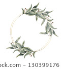 Eucalyptus twigs watercolor wreath on golden round frame. Hand drawn elegant foliage frame template with tropical herbs clipart for wedding card,poster, invitation design. Vintage floral bouquet 130399176