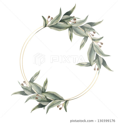 Eucalyptus twigs watercolor wreath on golden round frame. Hand drawn elegant foliage frame template with tropical herbs clipart for wedding card,poster, invitation design. Vintage floral bouquet Eucalyptus twigs watercolor wreath on golden round frame. Hand drawn elegant foliage frame template with tropical herbs clipart for wedding card,poster, invitation design. Vintage floral bouquet 130399176