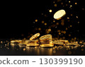 A stack of gold coins on a black background with glitter. Savings, investments, capital, business. AI generated 130399190