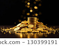 A stack of gold coins on a black background with glitter. Savings, investments, capital, business. AI generated 130399191
