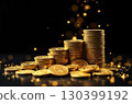 A stack of gold coins on a black background with glitter. Savings, investments, capital, business. AI generated 130399192