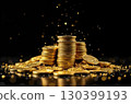 A stack of gold coins on a black background with glitter. Savings, investments, capital, business. AI generated 130399193